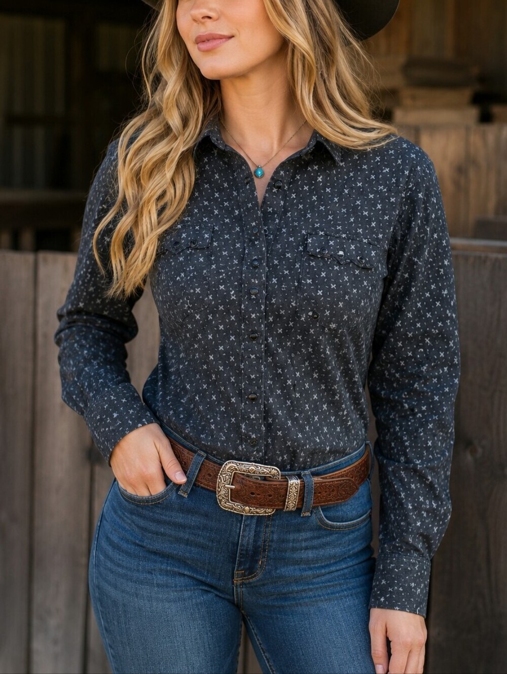 Panhandle Slim Western Shirt Women’s Large Gray Print Button Front Rodeo Top